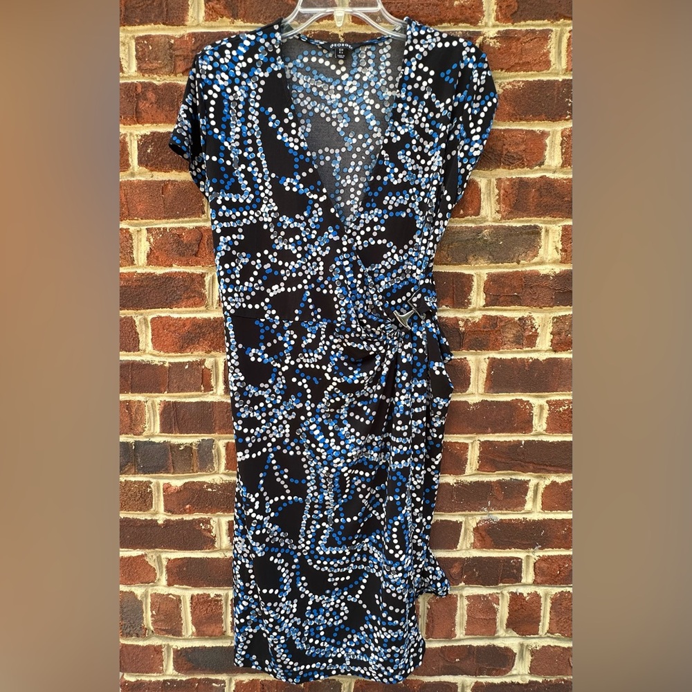 George Asymmetrical Faux Wrap Dress in Black and Blue Pattern